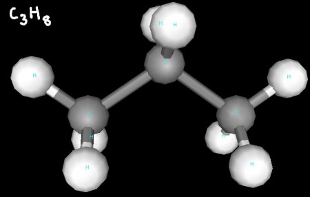 You can see that each of propane's three carbon atoms have a tetrahedral geometry.