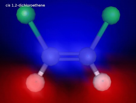 This is cis 1,2-dichloroethene.  Both of the chlorine atoms are on the same side of the C=C bond.  The chlorine atoms are fixed in this position because the double bond does not allow free rotation, since rotation would break the pi component of the double bond.
