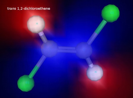 This is trans 1,2-dichloroethene. The chlorine atoms are on opposite sides of the C=C bond. The chlorine atoms are fixed in this position because the double bond does not allow free rotation, since rotation would break the pi component of the double bond.  This illustration shows electrostatic potential, and we can see that this molecule is nonpolar.  It also has observably different physical properties (like boiling point) from the cis form.